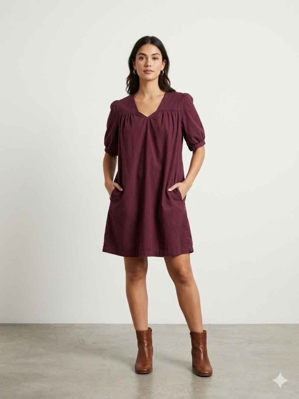Bitten Sarah Jessica Parker Burgundy Babydoll Dress Pockets Puff Sleeve Size S